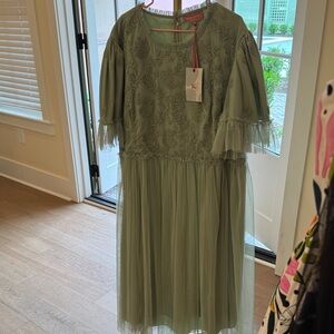 JessaKae Olive Green Floral Embroidered Tulle Dress